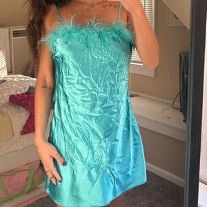Elegant Turquoise Feather-Trim Dress